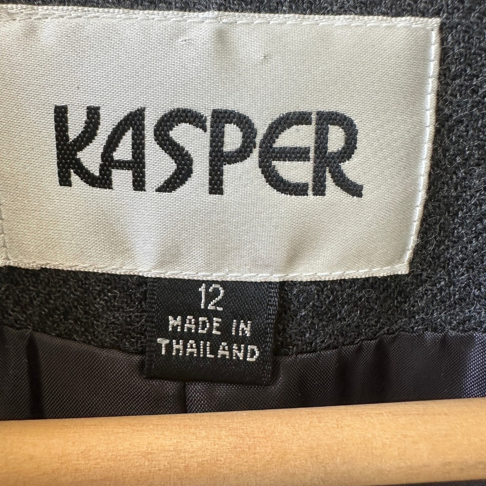 Kasper 100% Wool Plaid Longline Coat Navy Grey Size 12 Button Front Jacket - Picture 4 of 4